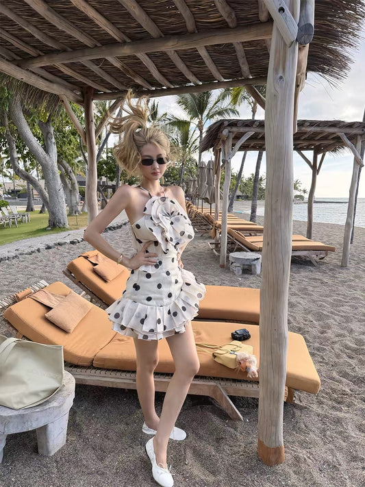 Xinlei Lin Polka-Dot Halter Dress with Heavy-Duty 3D Floral Appliqué (Zimmermann-style)