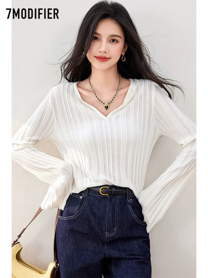La Chapelle 7M2025 autumn new V-neck slim fit fashionable and versatile temperament knitted sweater tops for women