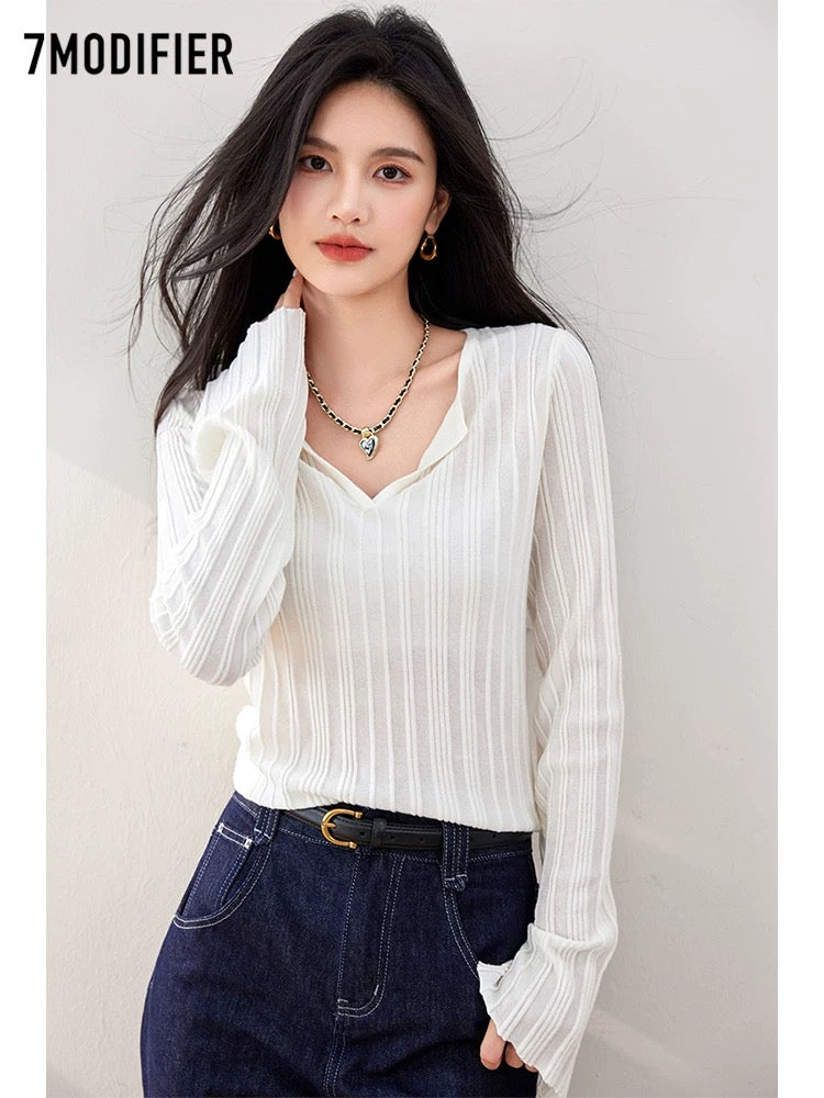 La Chapelle 7M2025 autumn new V-neck slim fit fashionable and versatile temperament knitted sweater tops for women