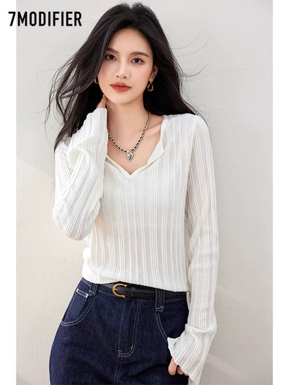 La Chapelle 7M2025 autumn new V-neck slim fit fashionable and versatile temperament knitted sweater tops for women