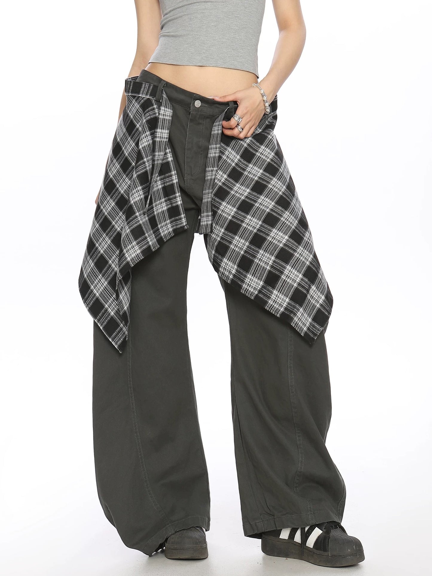 BIGGOLD American jazz sports overalls hip-hop casual pants women's street style splicing plaid fart curtain trousers