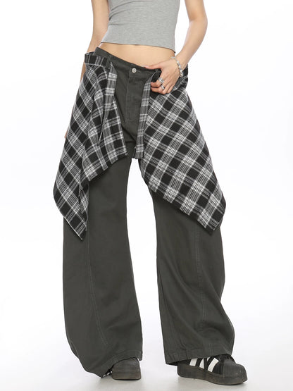 BIGGOLD American jazz sports overalls hip-hop casual pants women's street style splicing plaid fart curtain trousers