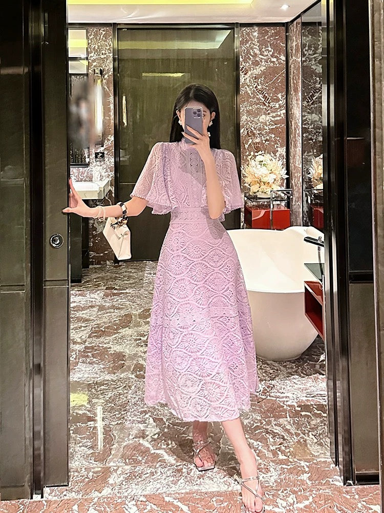 BETTER LS Women's 2024 new style French niche lotus leaf sleeve hook pattern hollow lace dress tea break dress