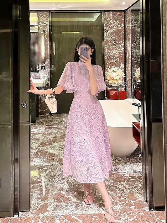 BETTER LS Women's 2024 new style French niche lotus leaf sleeve hook pattern hollow lace dress tea break dress