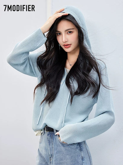 La Chapelle 7M2025 autumn new style casual versatile lace-up hooded collar loose long-sleeved temperament sweater