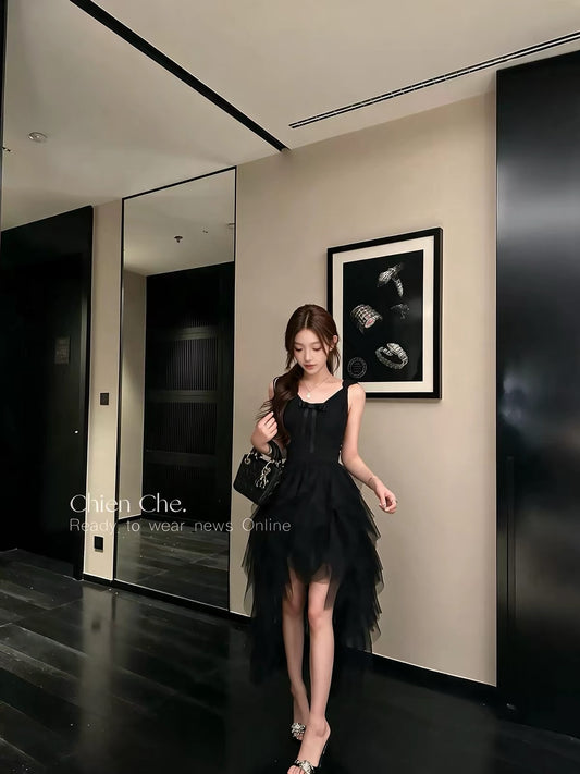 Chien Heavy-Embellished Tulle Princess Mini Dress – Sophisticated French-Style Black Birthday Party Dress for Women