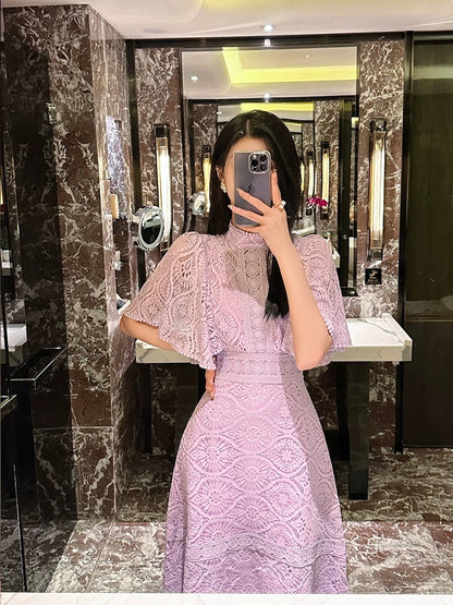 BETTER LS Women's 2024 new style French niche lotus leaf sleeve hook pattern hollow lace dress tea break dress