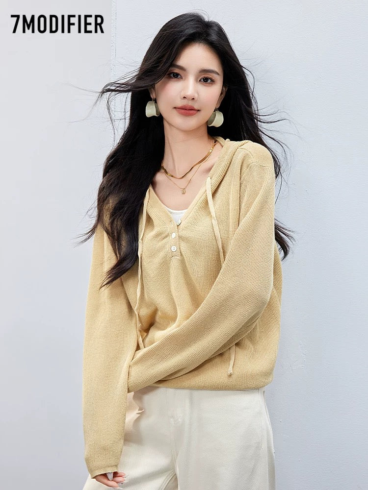 La Chapelle 7M2025 autumn new style casual versatile lace-up hooded collar loose long-sleeved temperament sweater