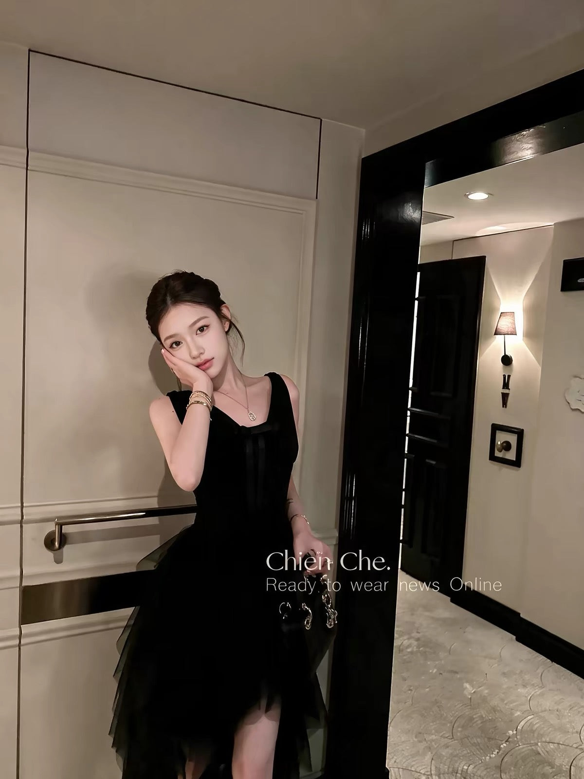 Chien Heavy-Embellished Tulle Princess Mini Dress – Sophisticated French-Style Black Birthday Party Dress for Women