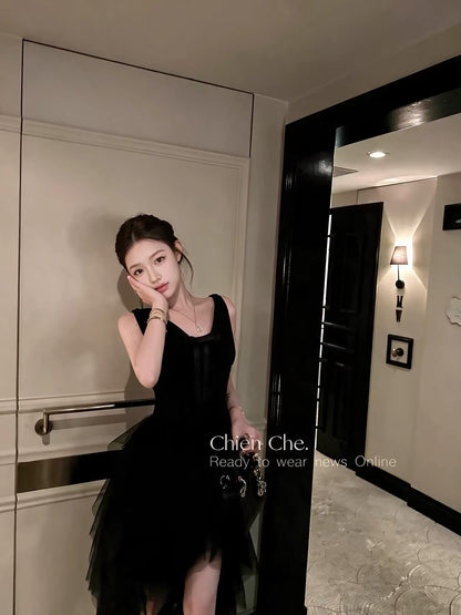 Chien Heavy-Embellished Tulle Princess Mini Dress – Sophisticated French-Style Black Birthday Party Dress for Women