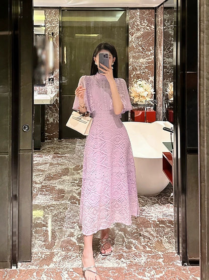 BETTER LS Women's 2024 new style French niche lotus leaf sleeve hook pattern hollow lace dress tea break dress