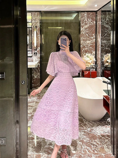BETTER LS Women's 2024 new style French niche lotus leaf sleeve hook pattern hollow lace dress tea break dress