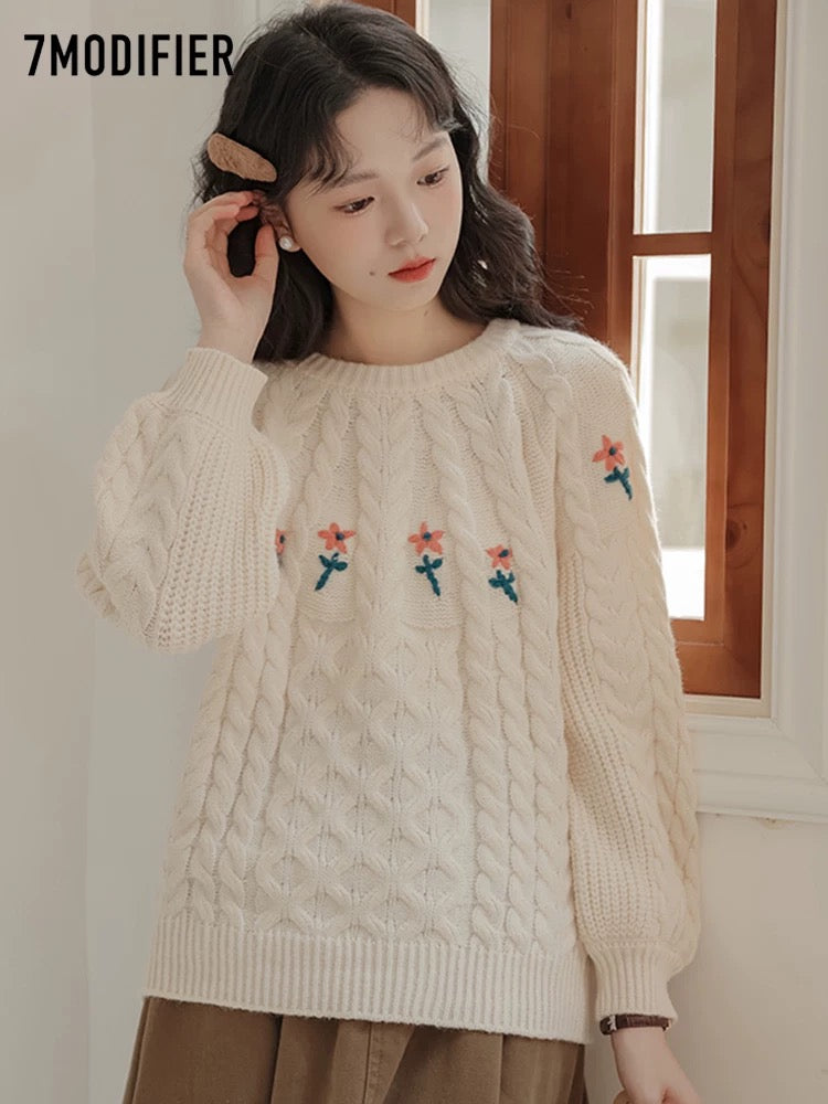 La Chapelle 7M2025 autumn temperament sweet outer sweater twist jacquard embroidery loose round neck top