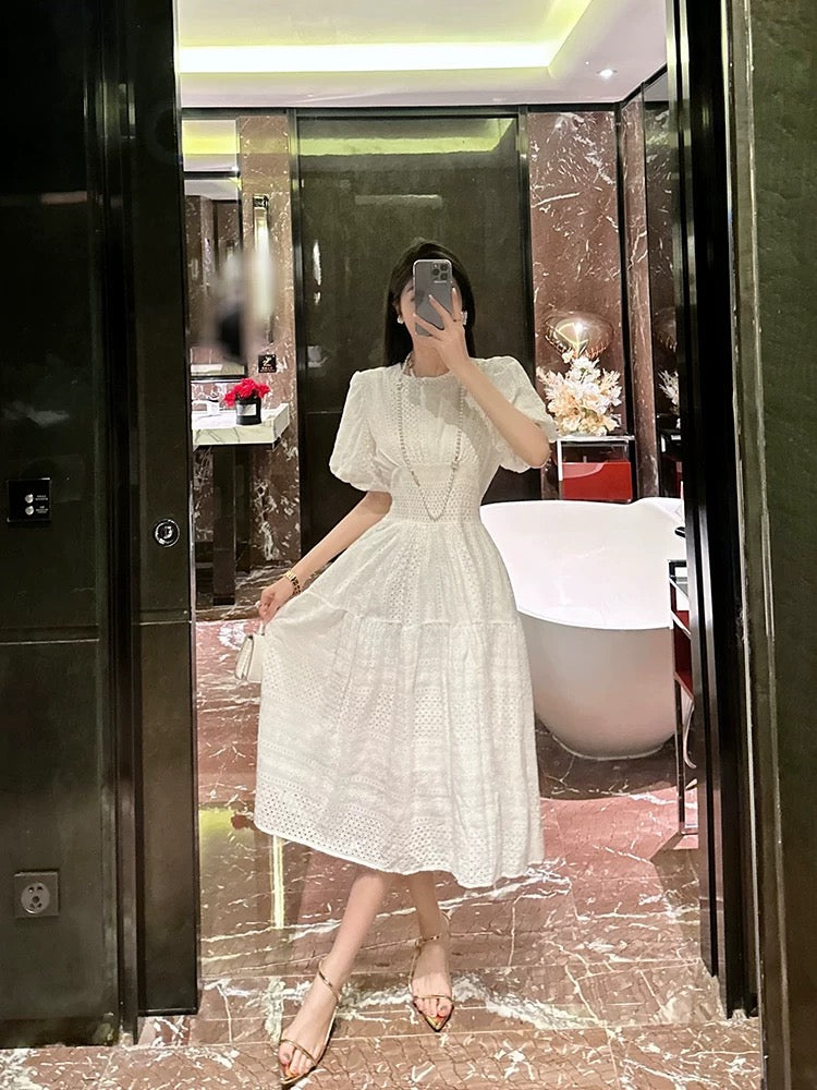 BETTER LS high-end temperament puff sleeve white dress waist French tea break dress mid-length dress for women summer