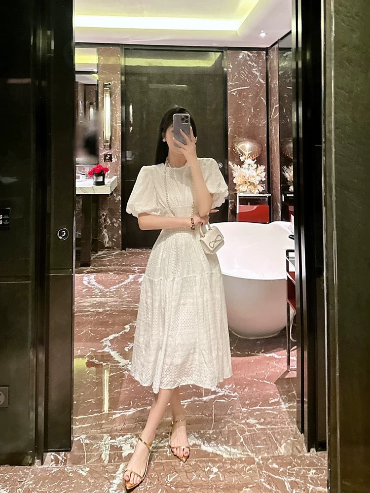BETTER LS high-end temperament puff sleeve white dress waist French tea break dress mid-length dress for women summer