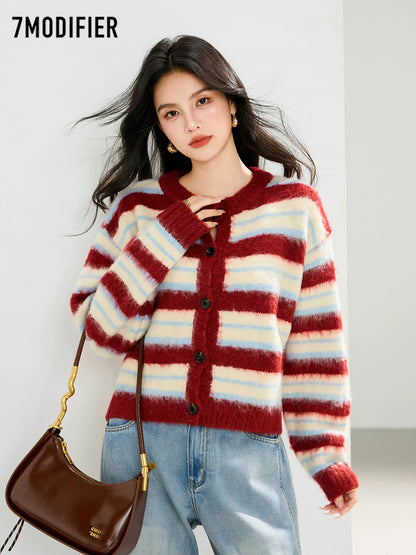 La Chapelle 7M2025 autumn fashion all-match striped single-breasted slim temperament long-sleeved sweater top for women