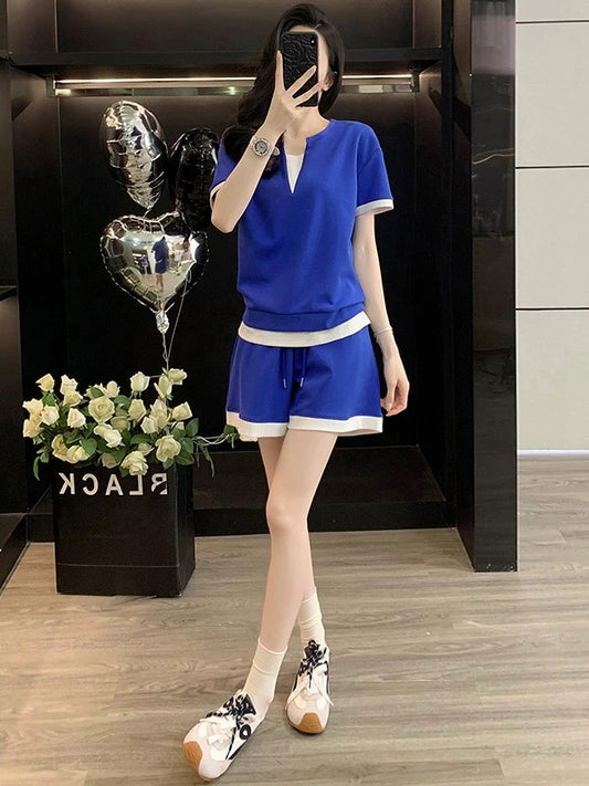 Salty outfit casual sports suit for women summer fashion age-reducing blue short-sleeved T-shirt shorts two-piece suit