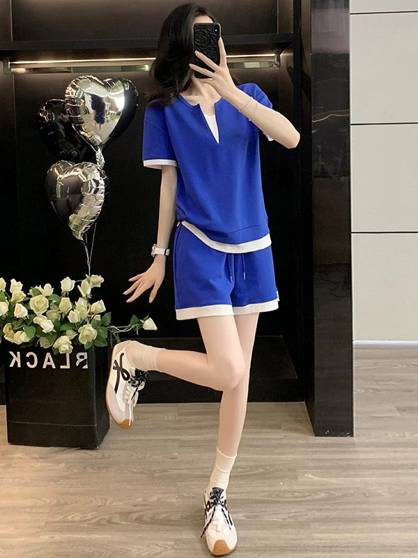 Salty outfit casual sports suit for women summer fashion age-reducing blue short-sleeved T-shirt shorts two-piece suit