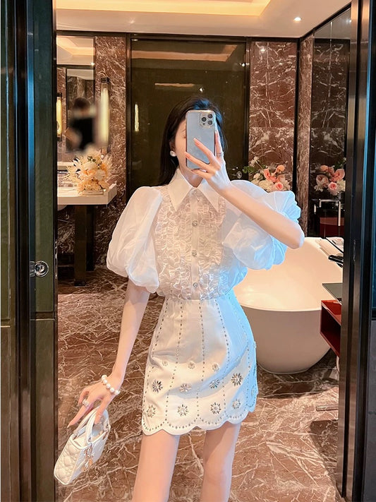 BETTER LS small fragrance suit for women, French puff sleeves, white shirt, beaded skirt, high-end two-piece set