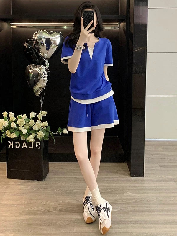 Salty outfit casual sports suit for women summer fashion age-reducing blue short-sleeved T-shirt shorts two-piece suit