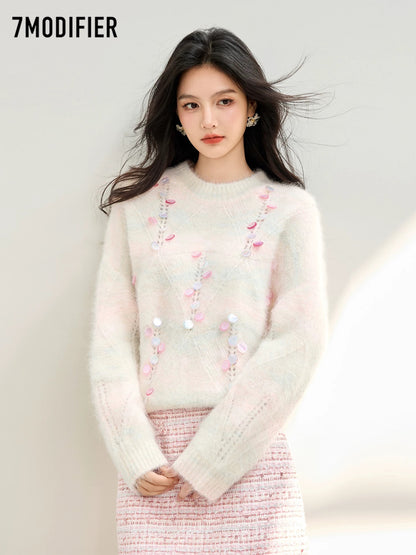 La Chapelle 7M2025 autumn fashion all-match solid color sequin round neck slim temperament long sleeve sweater top