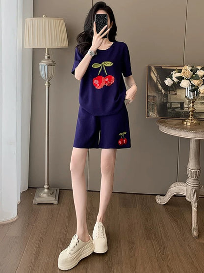Lazy style casual sports suit for women 2025 summer trendy and age-reducing blue short-sleeved T-shirt shorts two-piece suit