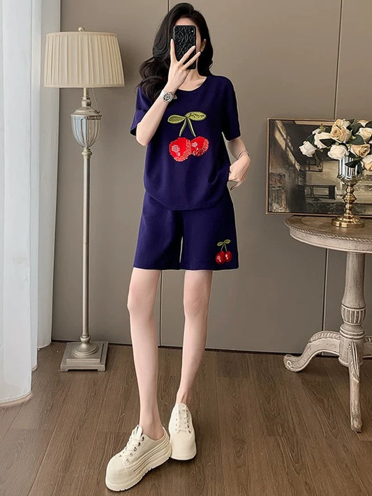 Lazy style casual sports suit for women 2025 summer trendy and age-reducing blue short-sleeved T-shirt shorts two-piece suit