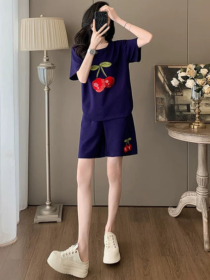 Lazy style casual sports suit for women 2025 summer trendy and age-reducing blue short-sleeved T-shirt shorts two-piece suit