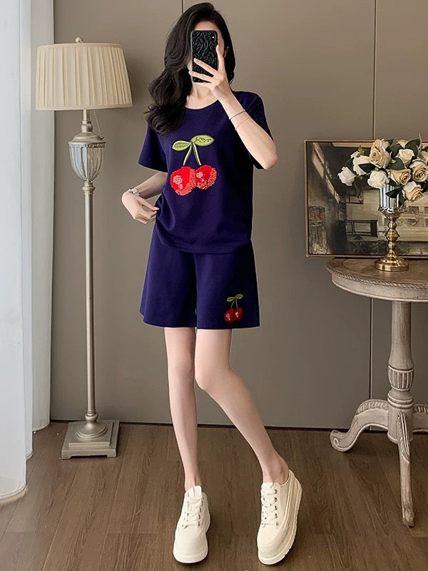 Lazy style casual sports suit for women 2025 summer trendy and age-reducing blue short-sleeved T-shirt shorts two-piece suit