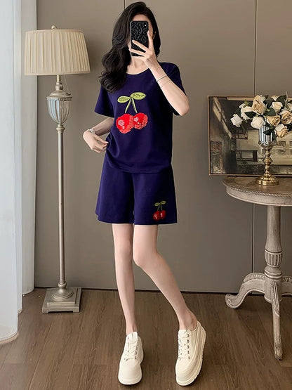 Lazy style casual sports suit for women 2025 summer trendy and age-reducing blue short-sleeved T-shirt shorts two-piece suit