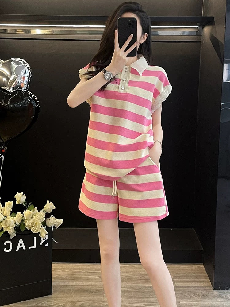 Summer dopamine outfit suit stylish and age-reducing pink short-sleeved top casual sports shorts two-piece suit for women