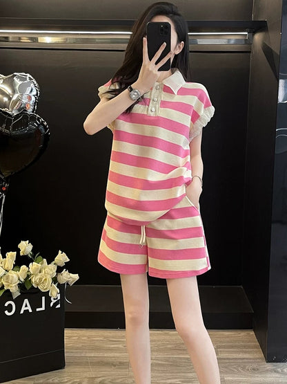 Summer dopamine outfit suit stylish and age-reducing pink short-sleeved top casual sports shorts two-piece suit for women