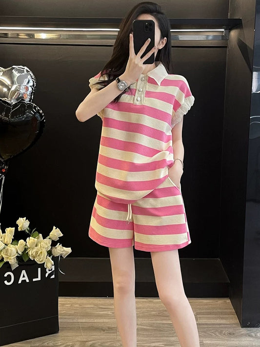 Summer dopamine outfit suit stylish and age-reducing pink short-sleeved top casual sports shorts two-piece suit for women
