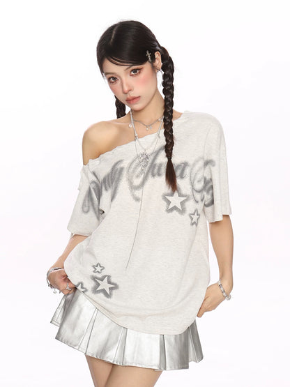 BIGGOLD star graffiti y2k strappy oblique shoulder short-sleeved T-shirt female summer sweet cool hot girl slim shoulder top