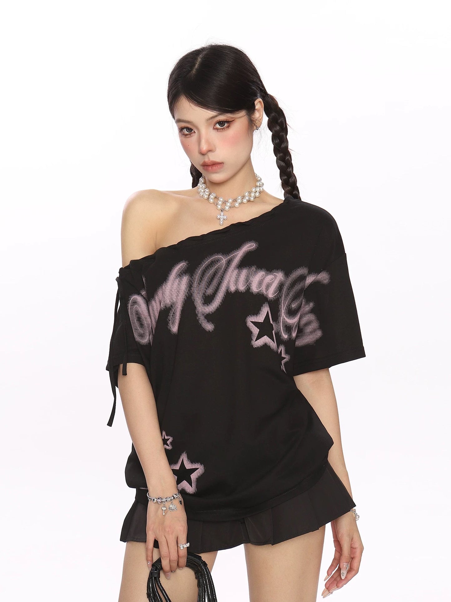 BIGGOLD star graffiti y2k strappy oblique shoulder short-sleeved T-shirt female summer sweet cool hot girl slim shoulder top
