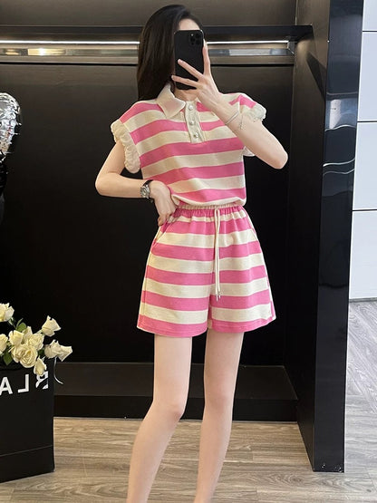 Summer dopamine outfit suit stylish and age-reducing pink short-sleeved top casual sports shorts two-piece suit for women