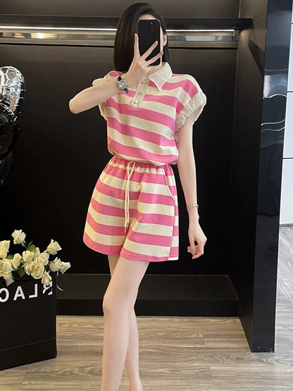 Summer dopamine outfit suit stylish and age-reducing pink short-sleeved top casual sports shorts two-piece suit for women