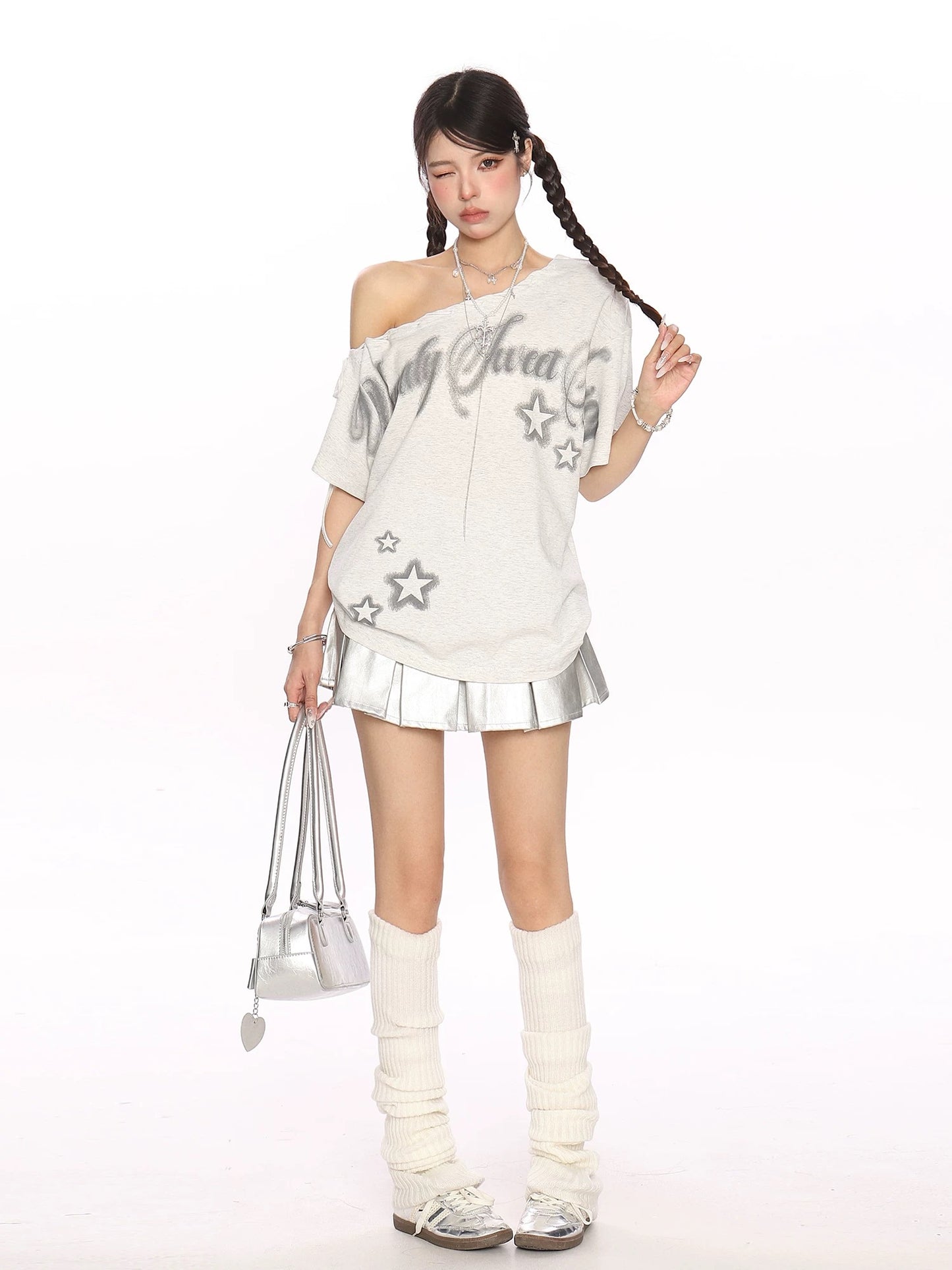 BIGGOLD star graffiti y2k strappy oblique shoulder short-sleeved T-shirt female summer sweet cool hot girl slim shoulder top
