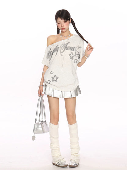BIGGOLD star graffiti y2k strappy oblique shoulder short-sleeved T-shirt female summer sweet cool hot girl slim shoulder top