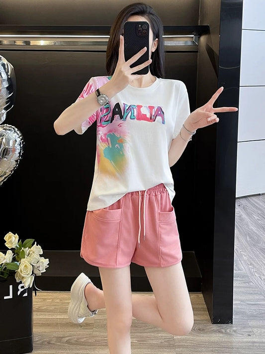 Brand European station white short-sleeved T-shirt pink shorts casual sports two-piece suit female outfit a complete set of summer