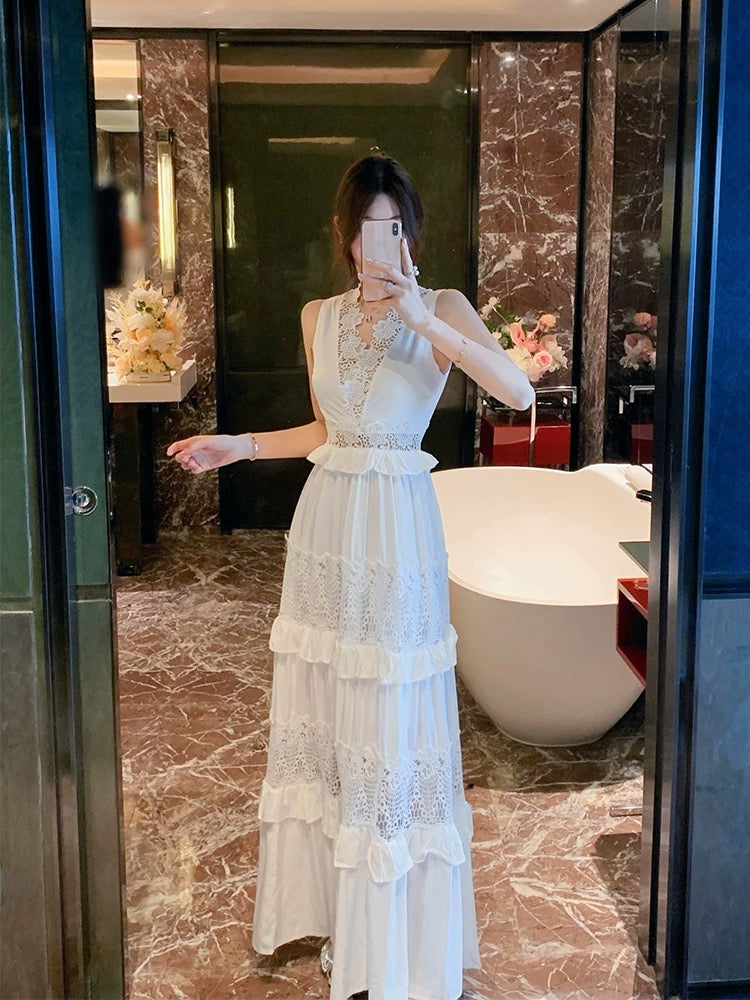 BETTER LS resort style fairy long dress heavy hook pattern hollow lace white cake dress for women