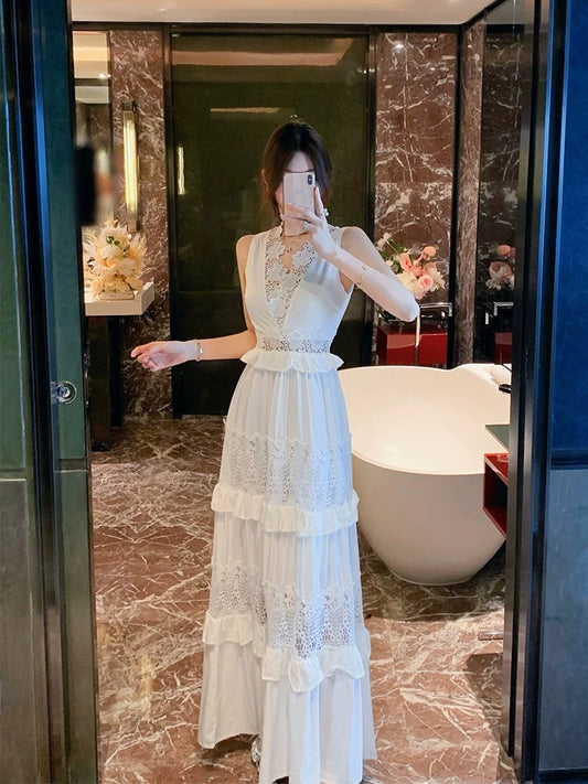 BETTER LS resort style fairy long dress heavy hook pattern hollow lace white cake dress for women