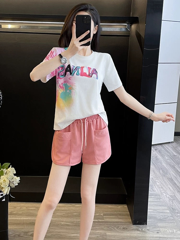 Brand European station white short-sleeved T-shirt pink shorts casual sports two-piece suit female outfit a complete set of summer