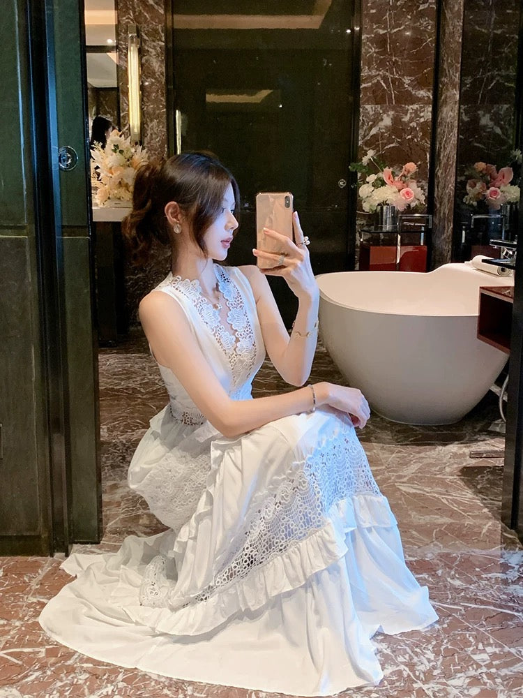 BETTER LS resort style fairy long dress heavy hook pattern hollow lace white cake dress for women