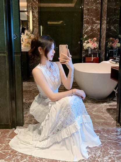 BETTER LS resort style fairy long dress heavy hook pattern hollow lace white cake dress for women