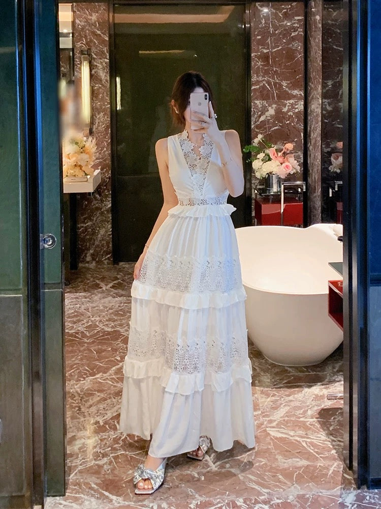 BETTER LS resort style fairy long dress heavy hook pattern hollow lace white cake dress for women