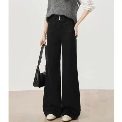 La Chapelle Black Fleece-Lined Thick Flared Jeans for Women, 2025 Winter New Style, High Waist, Slim Fit, Floor-Length Pants