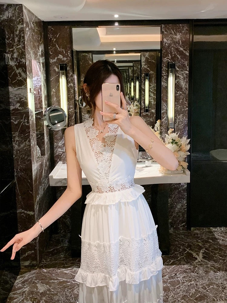 BETTER LS resort style fairy long dress heavy hook pattern hollow lace white cake dress for women