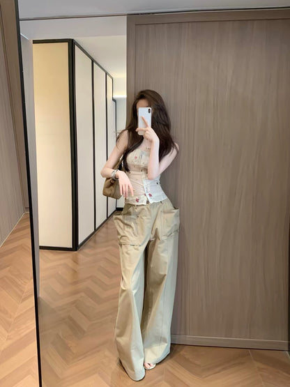 Leathercat Women's Casual Pants – Summer 2026: Vintage, Versatile, High-Waisted, Slimming Cargo Wide-Leg Trousers with a Distinctive Design.
