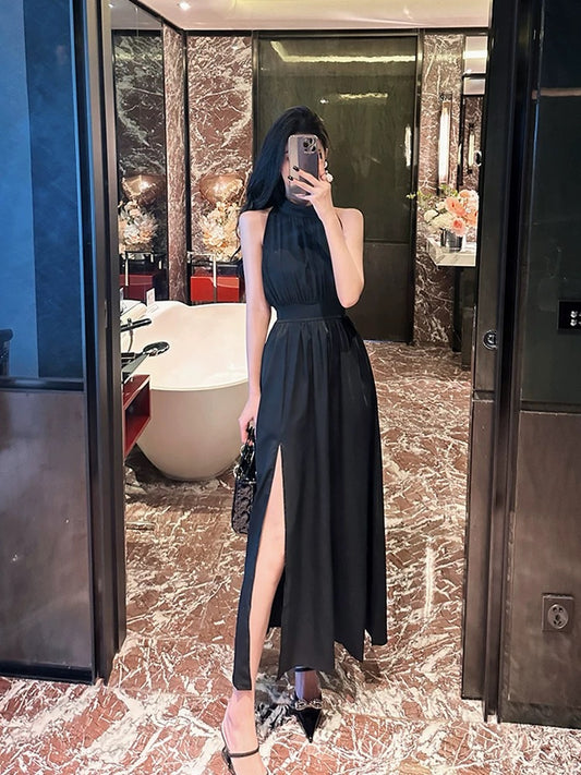 BETTER LS French design black elegant sleeveless halterneck dress waist slit long skirt women's new style